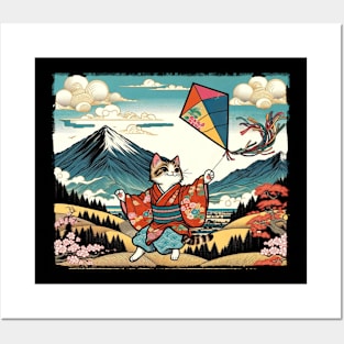 Vintage Japanese Art Kite Lover Playful Kid Cute Cat Posters and Art